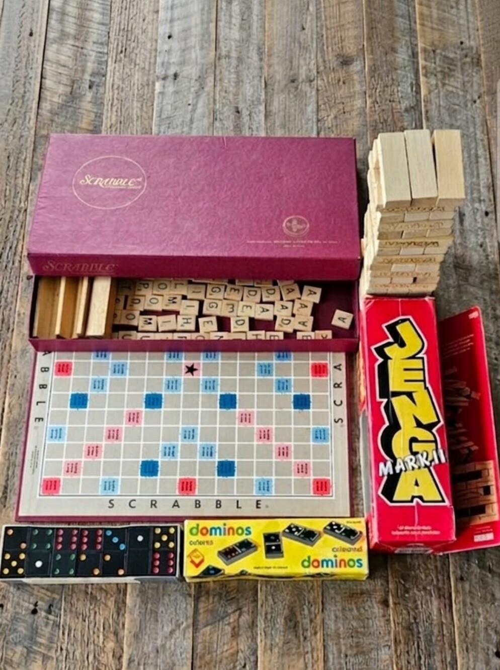Vintage Board Game Lot | Scrabble, Jenga Mark II, Coloured Dominoes | Complete